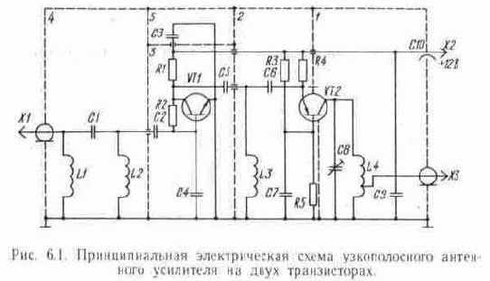 Узкополосный антенный усилитель на двух транзисторах